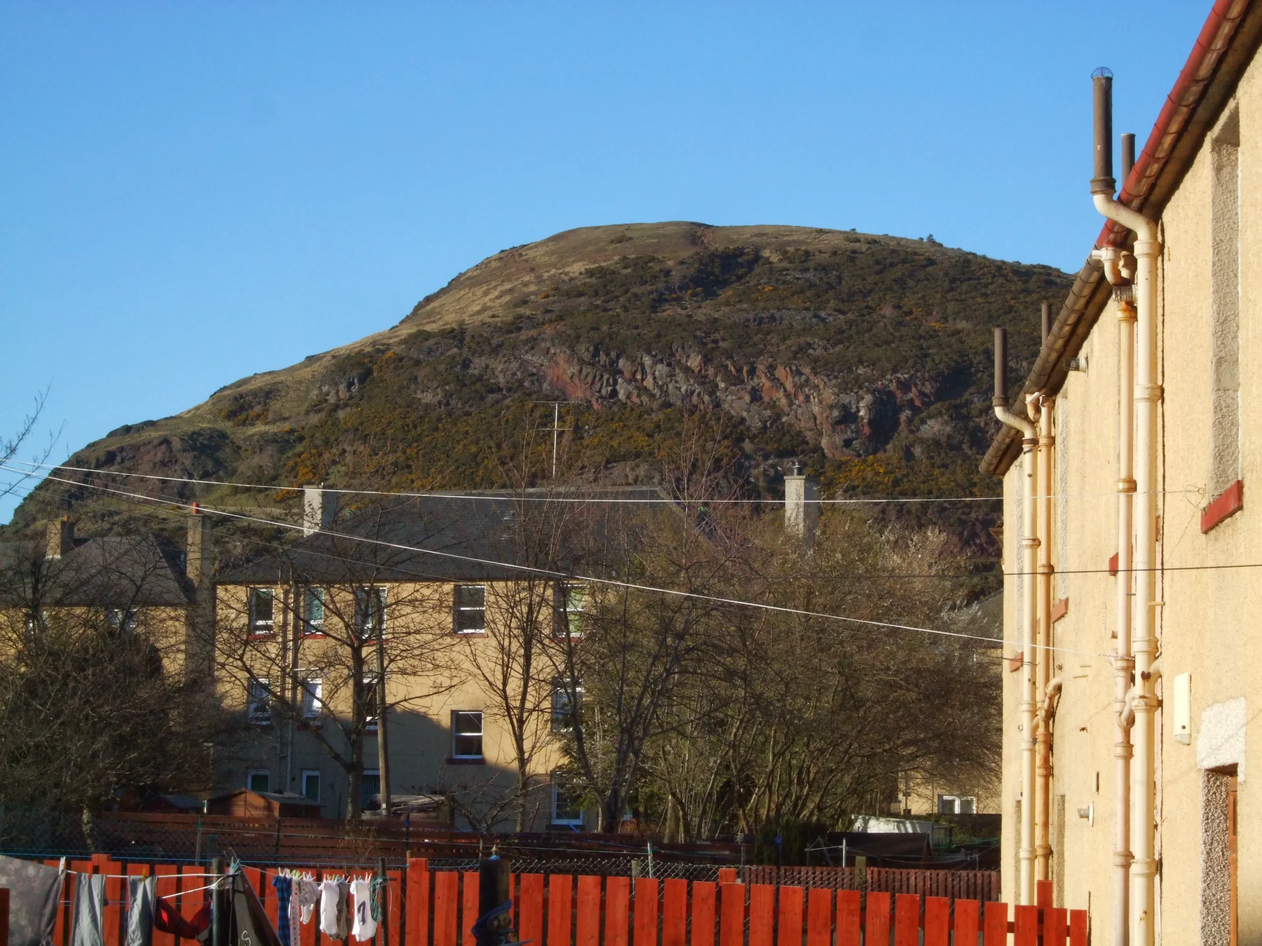 View of Arthur's Seat rising above Edinburgh tenement rooftops on a clear day